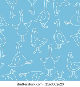 Seamless pattern with cute cartoon goose on blue background. Design for textile fabric printing. Fashionable and home design fit.