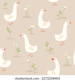 Seamless pattern with cute cartoon goose and flowers