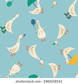 Seamless pattern with cute cartoon goose and flowers on blue background. Animal kids print design. Happy Easter print in flat style. For textiles, clothing, bed linen, office supplies.