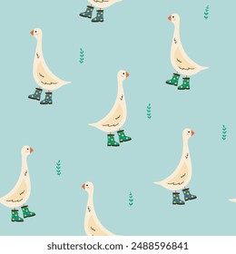 Seamless pattern with cute cartoon goose in rubber boots and leaves on blue background. Animal kids print design. Happy Easter print in flat style. For textiles, clothing, bed linen, office supplies.