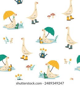 Seamless pattern with cute cartoon goose with umbrella in rubber boots, garden watering can with flowers. Animal kids print design. Spring print. For textiles, clothing, bed linen, office supplies.