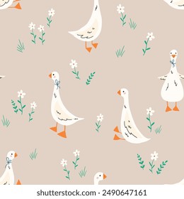 Заголовок: Seamless pattern with cute cartoon goose and flowers on beige background. Animal kids print design. Happy Easter print in flat style. For textiles, clothing, bed linen, office supplies.