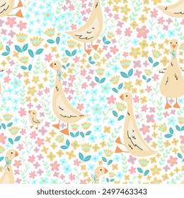 Seamless pattern with cute cartoon goose and flowers in pastel colors. Animal kids print design. Happy Easter print in flat style. For textiles, clothing, bed linen, office supplies.