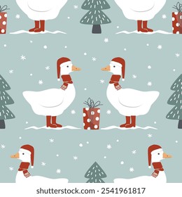 Seamless pattern with cute cartoon goose in red scarf, Santa Claus hat and boots. Merry Christmas background with geese, fir trees, and gift boxes. Vector illustration.