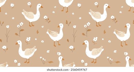 Seamless pattern with cute cartoon goose and flowers on beige background. Animal kids print design. Happy Easter print in flat style. For textiles, clothing, bed linen, office supplies