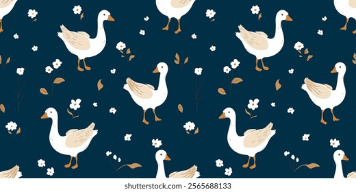 Seamless pattern with cute cartoon goose and flowers on beige background. Animal kids print design. Happy Easter print in flat style. For textiles, clothing, bed linen, office supplies