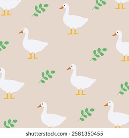 Seamless pattern with cute cartoon goose on beige background. Animal print design for kids. Design of children's products, wrapping paper, children's wallpaper. Vector illustration.