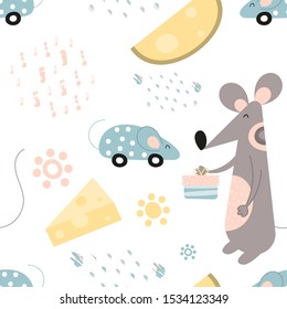 Seamless pattern with cute cartoon gray mouse in Scandinavian style. Vector Illustration. Kids illustration for nursery design. Great for baby clothes, textile, wrapping paper. Symbol of 2020 year.