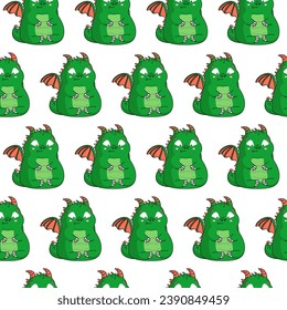 Seamless pattern with cute cartoon green baby dragons. Vector illustration in a flat style. Pets isolated on white background. 2024 Lunar New Year.