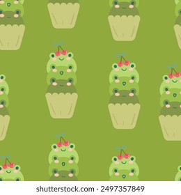 Seamless pattern with cute cartoon green frogs in cups, for fabric prints, textiles, gift wrapping paper. children's colorful vector, flat style