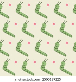 Seamless pattern with a cute cartoon green caterpillar. Children baby pattern for textile, card, posters, banners, books, prints, wrapping, fabric, clothing, wallpaper. Kawaii character with a flower.