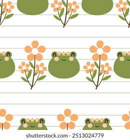 Seamless pattern with cute cartoon green frogs for fabric prints, textiles, gift wrapping paper. children's flat and colorful style