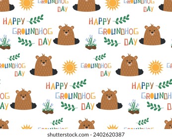 Seamless pattern with a cute cartoon groundhog, snowdrops and the inscription Groundhog Day on a white background. Flat vector illustration. For print, fabric, wrapping paper, wallpaper, posters and