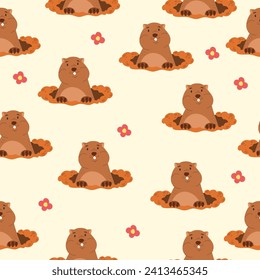 Seamless pattern with a cute cartoon groundhog, snowdrops and the inscription Groundhog Day. Flat vector illustration.