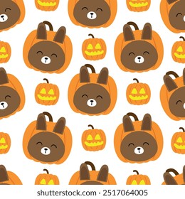 Patrón inconsútil con las calabazas lindas de la historieta de Halloween y los conejos marrones, en tela, materia textil, papel de envoltura del regalo Vector colorido para los niños, estilo plano