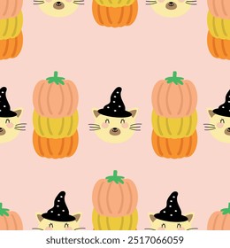 Seamless pattern with cute cartoon halloween pumpkins and cats, on fabric, textile, gift wrapping paper. colorful vector for children, flat style