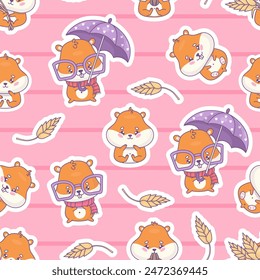 Seamless pattern with cute cartoon hamster characters on pink background with spikelets. Vector illustration. Funny kawaii animal character. Kids collection