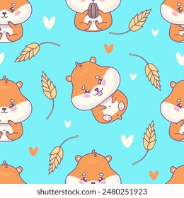 Seamless pattern with cute cartoon hamster on blue background with spikelets. Vector illustration. Funny kawaii animal character. Kids collection