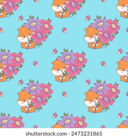 Seamless pattern with cute cartoon hamsters with bouquet flowers. Holiday rodent kawaii character on blue background. Vector illustration. Kids collection 