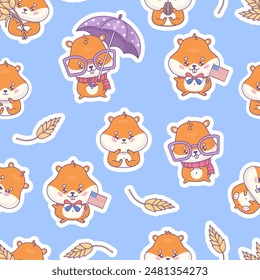 Seamless pattern with cute cartoon hamsters. Funny rodent kawaii character with umbrella and glasses, shy and patriotic with American flag on blue background with spikelets. Vector illustration