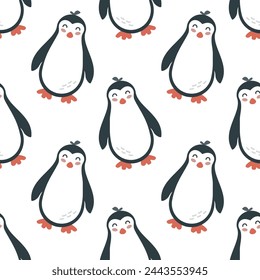 Seamless pattern with cute cartoon hand draw penguin. Design for printing, textile, fabric. Vector illustration