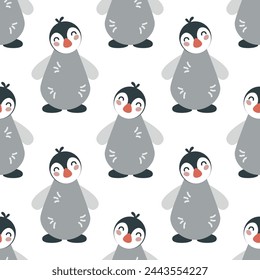 Patrón sin fisuras con lindo pingüino de dibujo a mano de dibujos animados. Diseño para impresión, textil, tela. Ilustración de vector