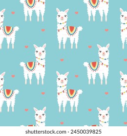 Seamless pattern with cute cartoon hand draw white lama, alpaca. Design for printing, textile, fabric.