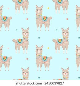 Seamless pattern with cute cartoon hand draw lama, alpaca. Design for printing, textile, fabric.