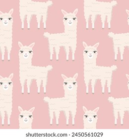 Seamless pattern with cute cartoon hand draw lama, alpaca on pink background. Design for printing, textile, fabric.