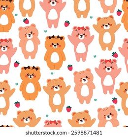 seamless pattern cute cartoon happy bear with strawberry and cute bow. cute animal pattern for wallpaper, background