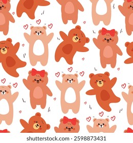 seamless pattern cute cartoon happy bear with heart shower and red bow. cute animal pattern for wallpaper, background and gift wrap paper