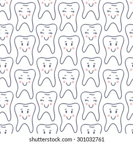 Seamless pattern with cute cartoon happy teeth. Vector background.