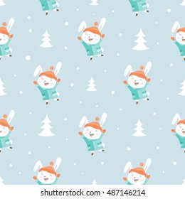 Seamless pattern with cute cartoon hares in coat on blue background. Winter time. Snowy weather in  woods. Funny animals in clothes. Vector image. Children's illustration.