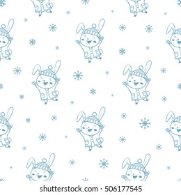 Seamless pattern with cute cartoon hares in coat and snowflakes on white  background. Winter time. Snowy weather. Funny animals in clothes. Vector image. Children's illustration.
