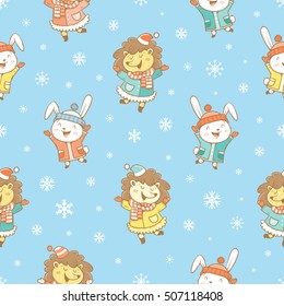 Seamless pattern with cute cartoon hares, hedgehogs  in coat and snowflakes on blue  background. Winter time. Snowy weather. Funny animals in clothes. Vector contour image. Children's illustration.