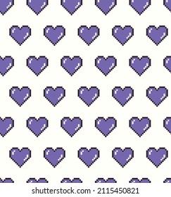 Seamless pattern with cute cartoon hearts. Pixel art vector illustration. Retro computer screen design concept. Simple shape and colors. Love and Valentine day symbol