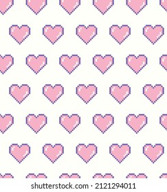 Seamless pattern with cute cartoon hearts. Pixel art vector illustration. Retro computer screen design concept. Simple shape and colors. Love and Valentine day symbol