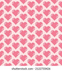 Seamless pattern with cute cartoon hearts. Pixel art vector illustration. Retro computer screen design concept. Simple shape and colors. Love and Valentine day symbol