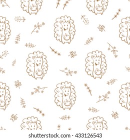 Seamless pattern with cute cartoon hedgehog,  plants and flowers on white  background. Funny forest animals. Vector image. Children's illustration.