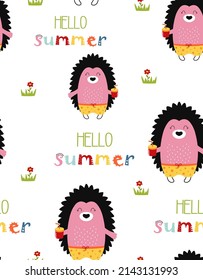seamless pattern of cute cartoon hedgehogs in swimming trunks with cup of drink, kids background, childish design texture for fabric, wrapping, textile, decor, vector illustration