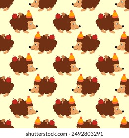 Seamless pattern of cute cartoon hedgehogs with apple, mushroom. Cozy autumn background. Vector flat illustration.