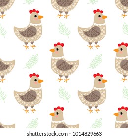 Seamless pattern with cute cartoon hen vector illustration