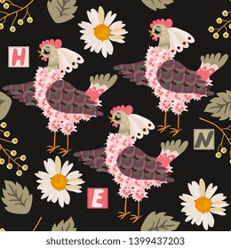 Seamless pattern with cute cartoon hens, flowers, letters and bird cherry berries isolated on black background. Print for fabric.