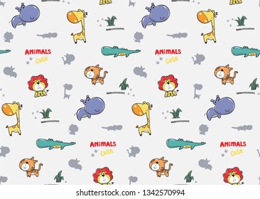 Seamless pattern, Cute cartoon hippo, lion, giraffe, tiger and crocodile on isolated background illustration vector.