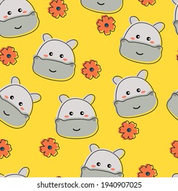 Seamless pattern with cute cartoon hippo for fabric print, textile, gift wrapping paper. colorful vector for kids, flat style