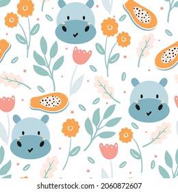 Patrón sin inconvenientes con el tierno hipopótamo de dibujos animados y planta para impresión de tela, textil, papel de envoltura de regalo. vector colorido para textil, de estilo plano