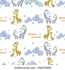 Seamless pattern with cute Cartoon  Hippo , Rhino, zebra, giraffe with spots on white background. Vector illustration with the inscription "African animals" for children. Print for textile, paper. 