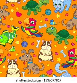 Seamless pattern with cute cartoon home Pets, bright funny animals on an orange background