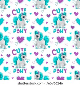 Seamless pattern with cute cartoon horse on white background. Vector girlish texture.