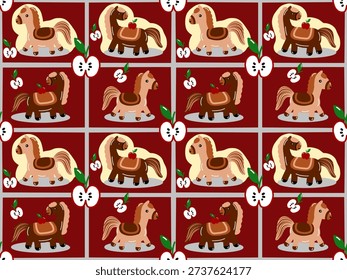 Seamless pattern of cute cartoon horses and apples in grids. Design for children's supplies.